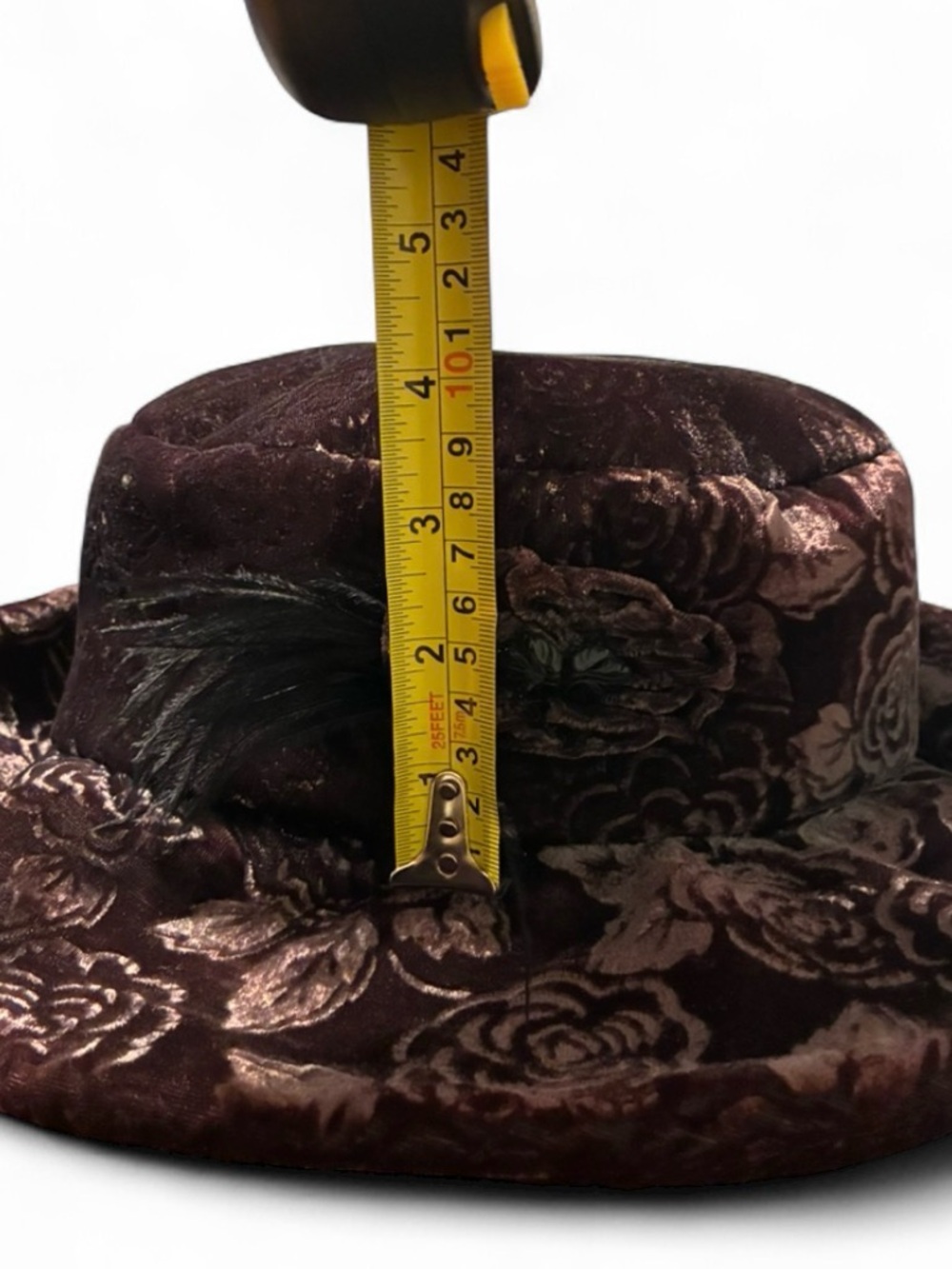 Vintage-Style Brown Velvet Floral Hat with Feather Accent - Picture 8 of 9